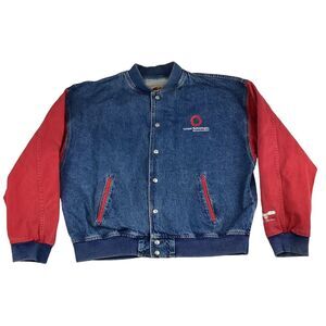 Vintage ID Wear Jean Jacket Men's XL Blue Denim Red Sleeves Varsity 90's Y2K